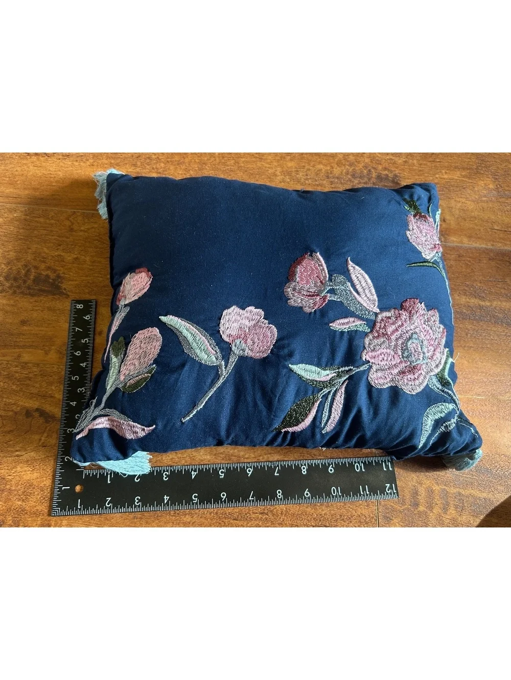 Decorative Navy Blue Floral Embroidered Throw Pillow with Tassels